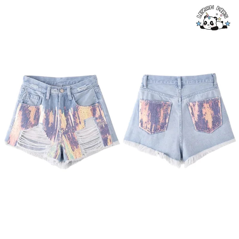 LEZONKIDS - Customizable Children Clothing Girls Mini Hot Shorts Iridescent Sequin Denim Shorts KIds